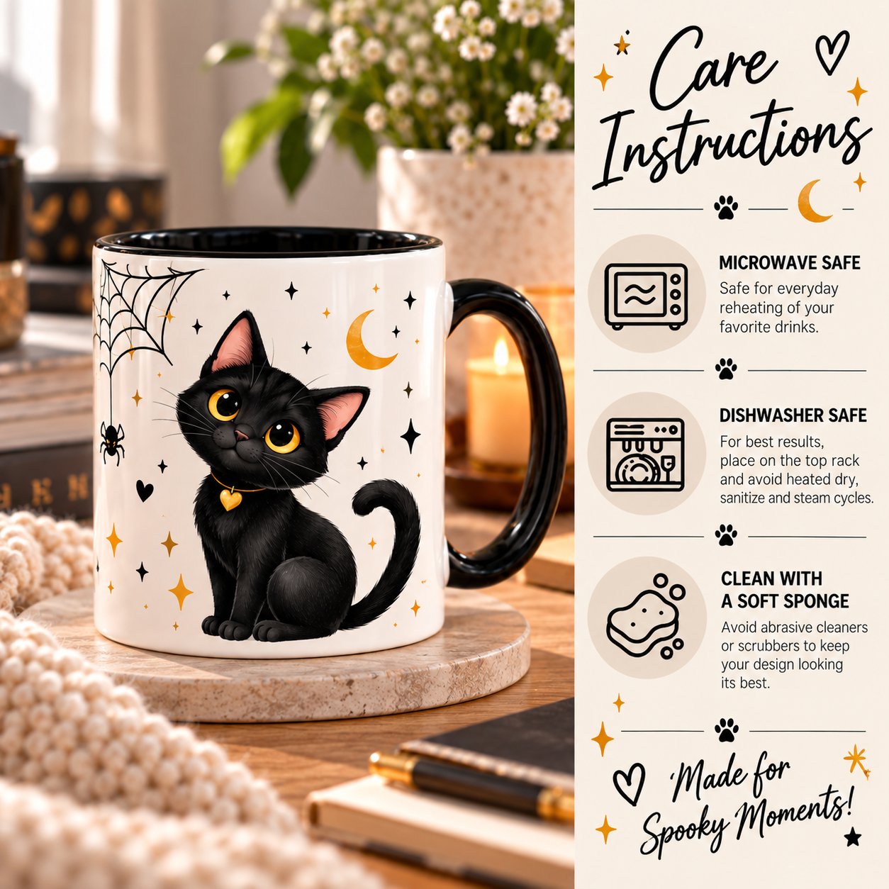 Black Cat mug care instructions - dishwasher safe top rack, microwave safe, clean with a soft sponge