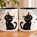 Black Cat mug front and back view - the same cat design on both sides