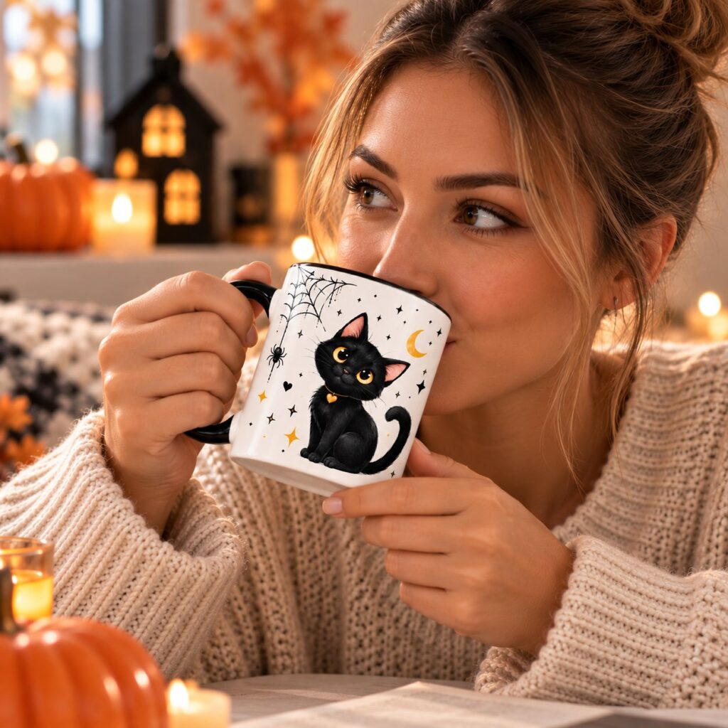 Woman drinking from the Black Cat mug - big-eyed cat with cobweb and crescent moon - PrintMyVibe Toronto