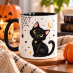 Black Cat mug styled with pumpkins and a knit blanket - autumn cat mug Toronto