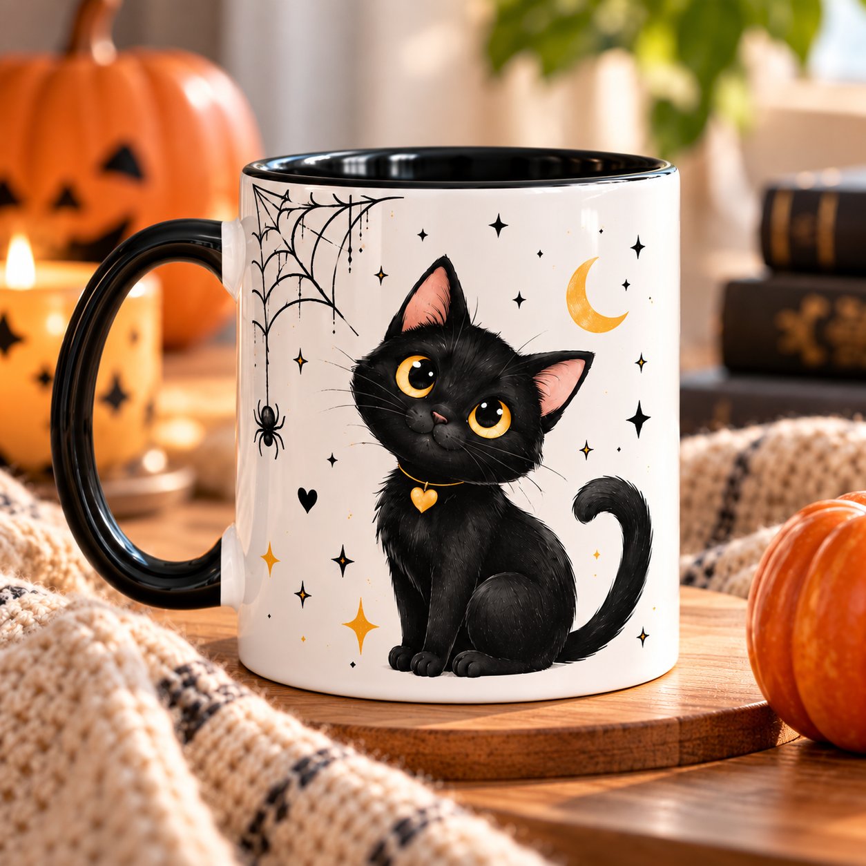 Black Cat mug styled with pumpkins and a knit blanket - autumn cat mug Toronto