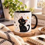 Black Cat mug on a desk beside a laptop and notebook - cat lover coffee mug GTA