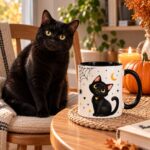 Black Cat mug on a table beside a real black cat - cat lover gift idea Toronto