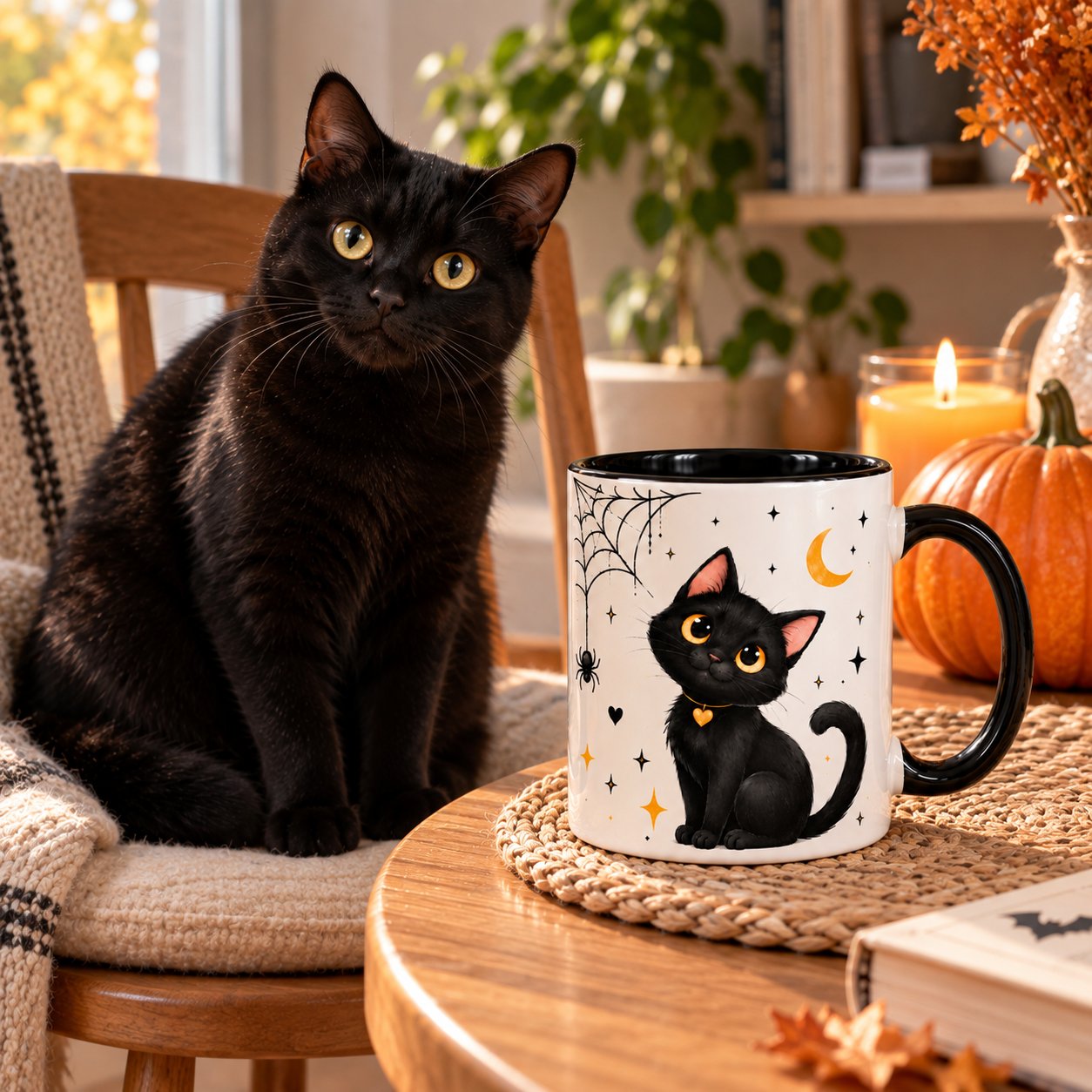 Black Cat mug on a table beside a real black cat - cat lover gift idea Toronto