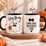 Hey Booty Halloween ghost mug front and back - black bow tie ghost with pumpkin - PrintMyVibe