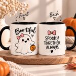 Boo-tiful Halloween ghost mug front and back - pink bow ghost with pumpkin - PrintMyVibe Toronto