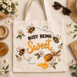 Busy Being Sweet canvas tote flat lay with daisies, sunglasses and honey - cute bee tote