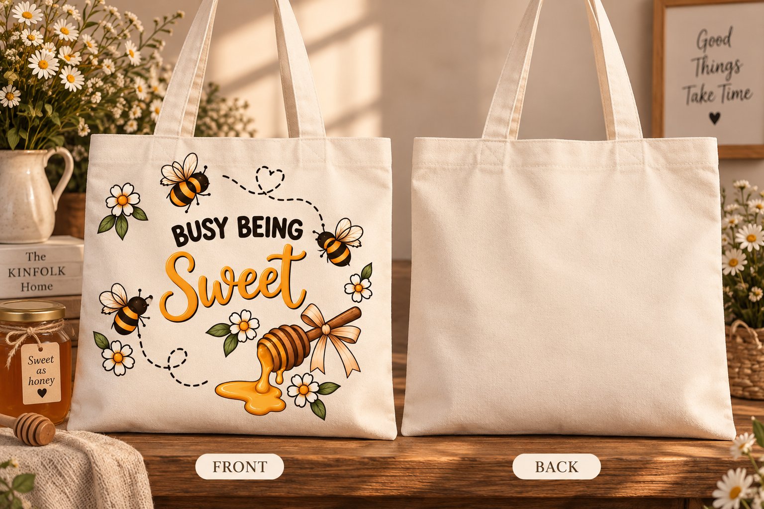 Busy Being Sweet tote front and back view - natural cotton canvas tote Canada