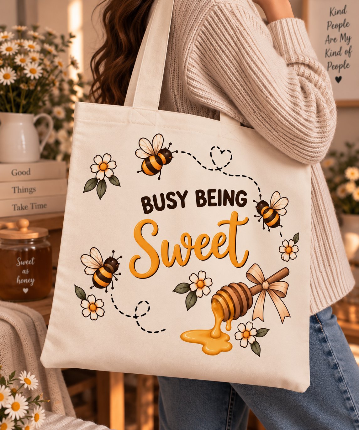 Woman holding the Busy Being Sweet canvas tote - bee and honey dipper design - PrintMyVibe Toronto