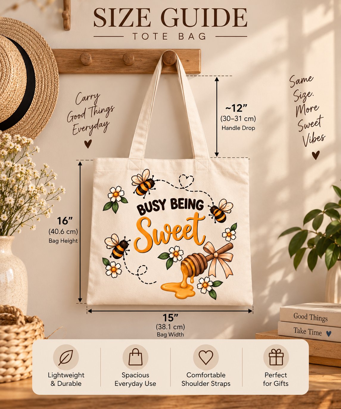 Busy Being Sweet tote bag size guide - 38cm by 40cm with a 30cm handle drop