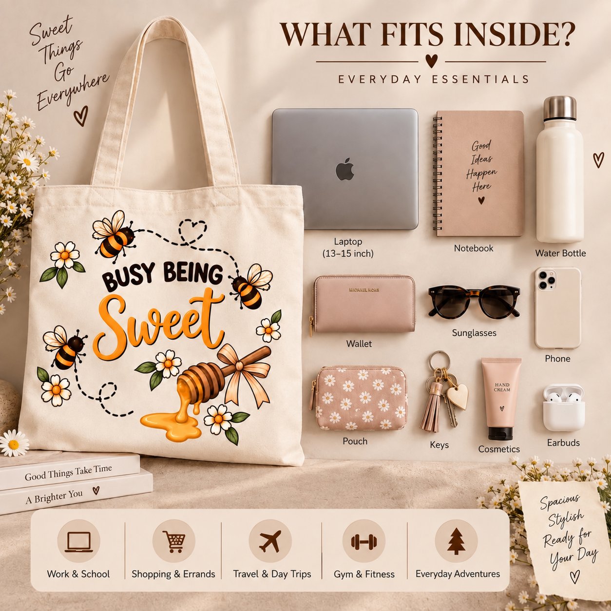Busy Being Sweet canvas tote what-fits-inside guide - holds a laptop, water bottle and essentials