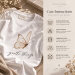 Gentle Things butterfly t-shirt care instructions - machine wash cold, tumble dry low, iron inside out