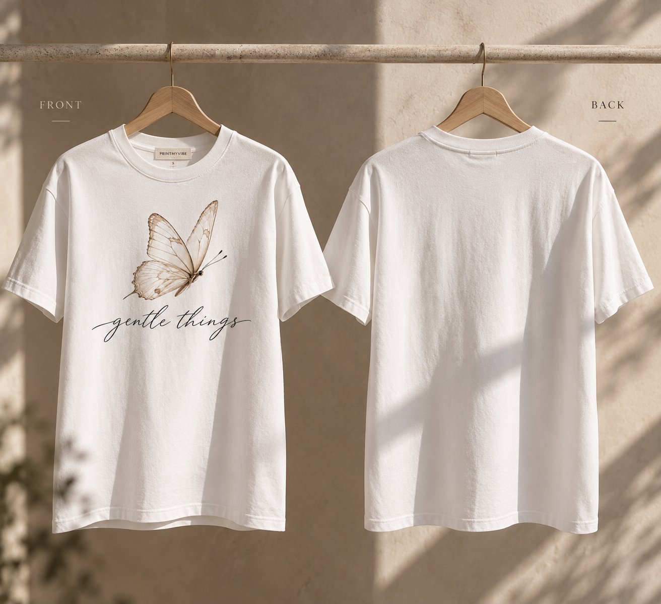 Gentle Things butterfly t-shirt front and back view - white unisex cotton tee Canada