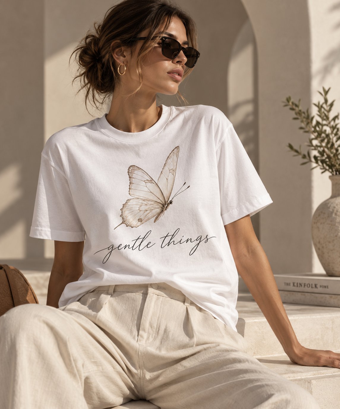 Gentle Things butterfly t-shirt close portrait - sepia butterfly and script lettering