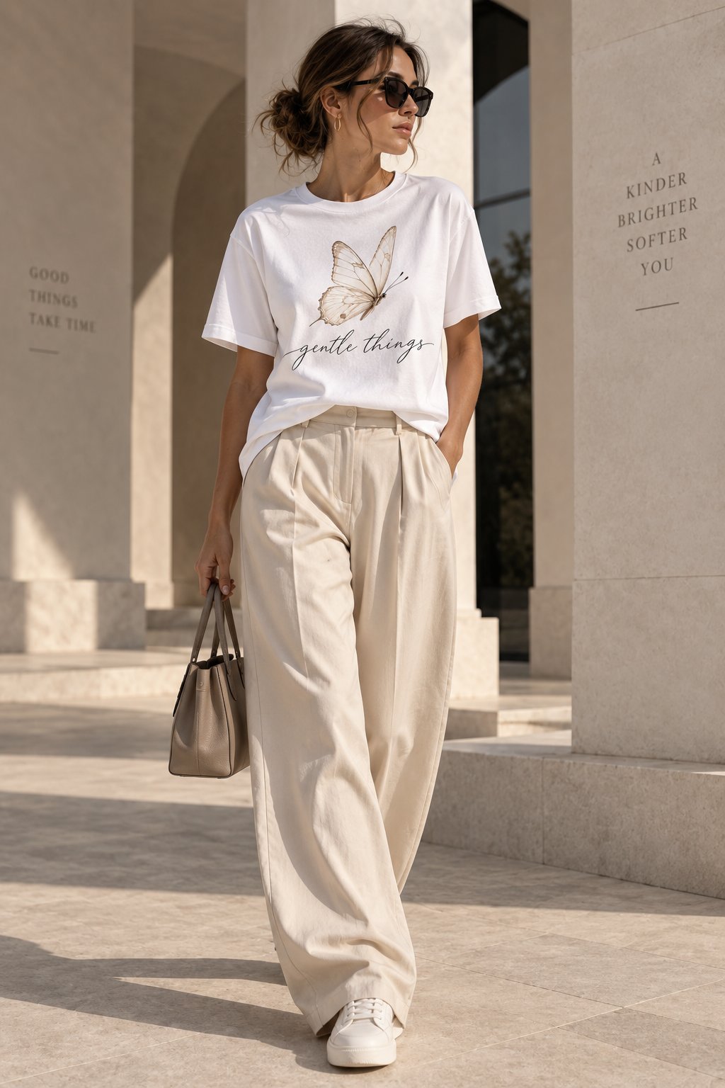 Gentle Things butterfly t-shirt worn with wide cream trousers - neutral aesthetic tee Toronto