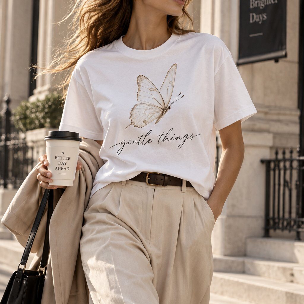 Woman wearing the Gentle Things butterfly t-shirt with a coffee on a city street - soft aesthetic tee - PrintMyVibe Toronto