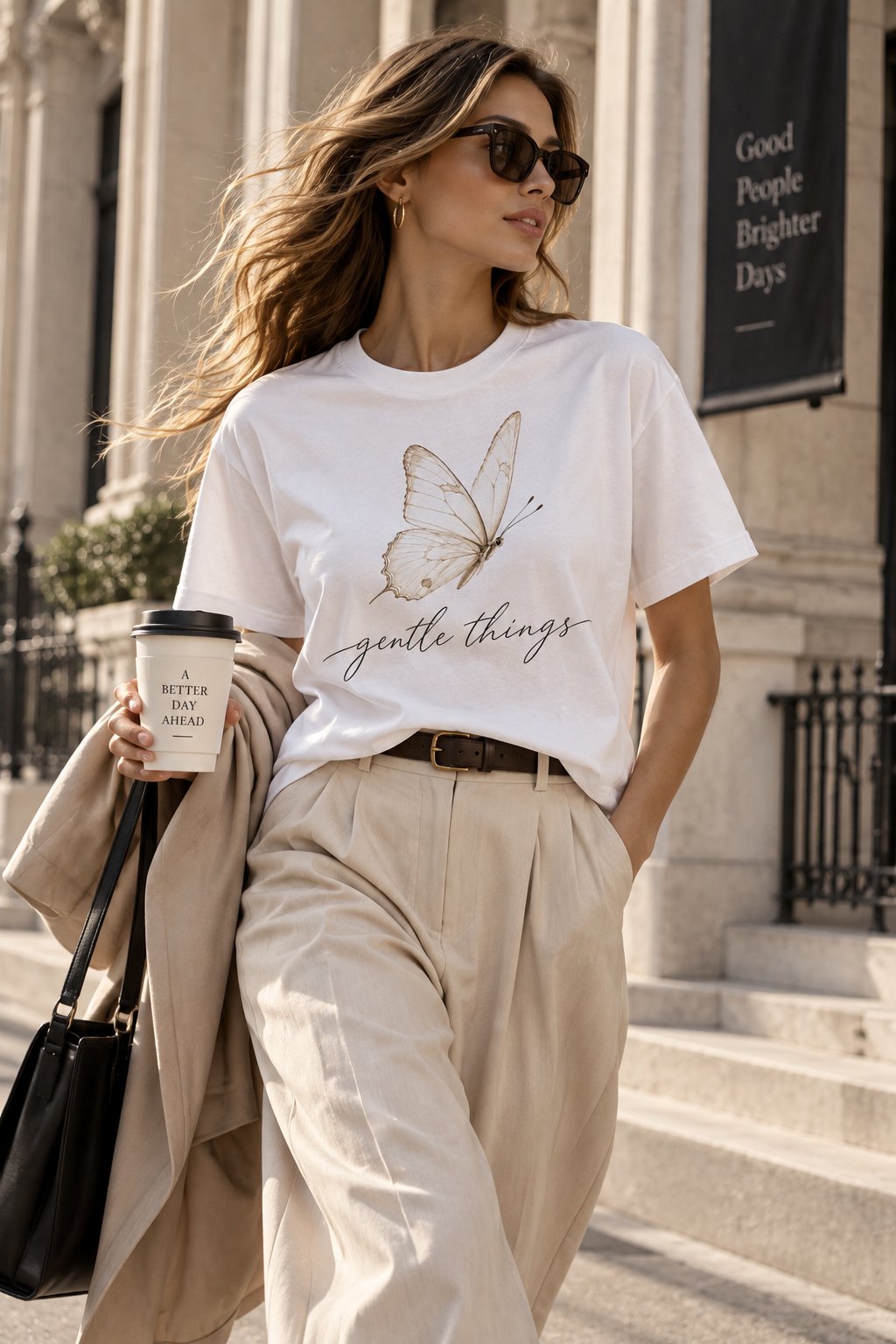 Woman wearing the Gentle Things butterfly t-shirt with a coffee on a city street - soft aesthetic tee - PrintMyVibe Toronto