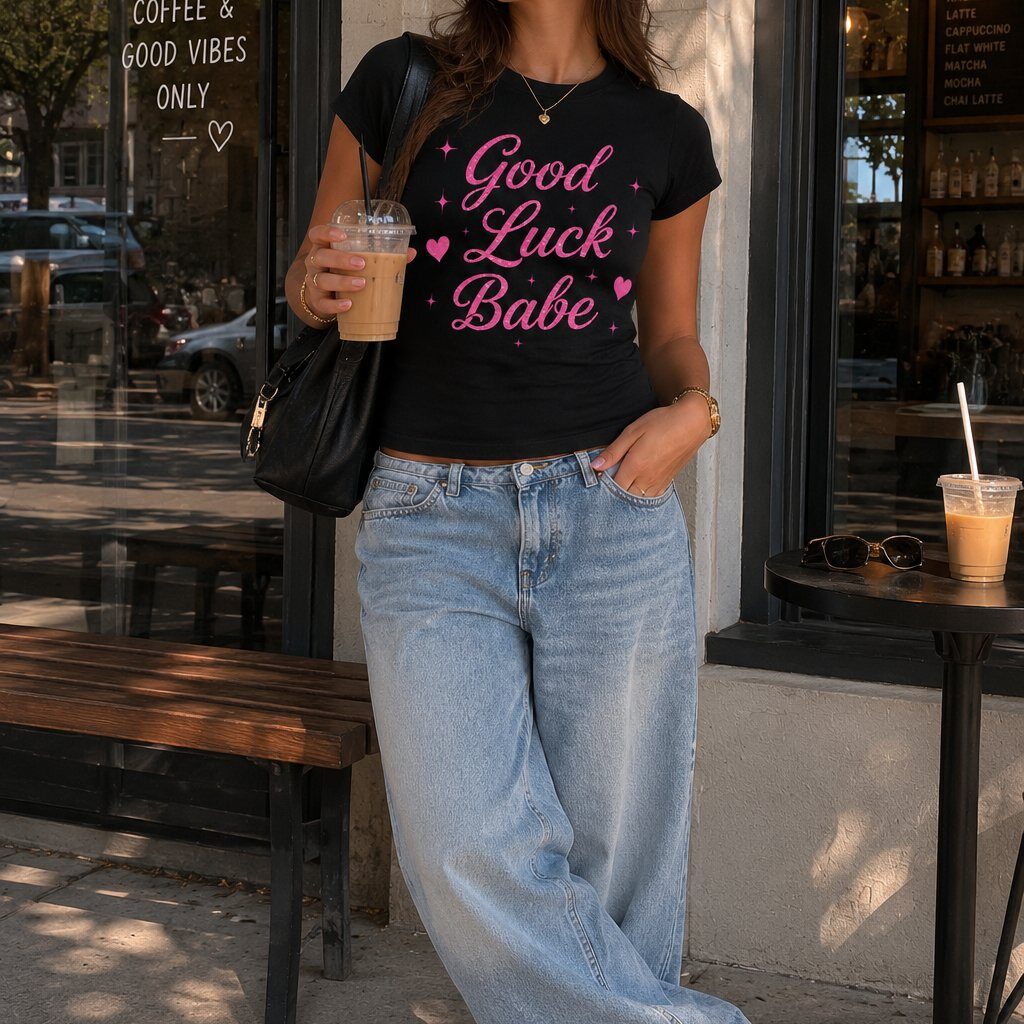 Good Luck Babe black fitted top worn outside a cafe - women's pink script tee GTA