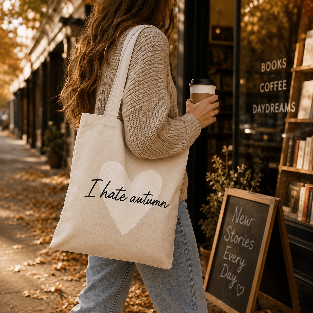 Woman carrying the I Hate Autumn canvas tote past a bookshop with coffee - funny fall tote - PrintMyVibe Toronto
