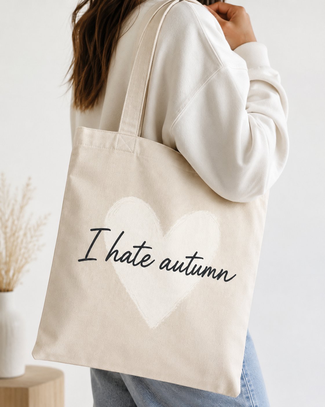I Hate Autumn tote bag worn over the shoulder - ironic heart canvas tote Canada