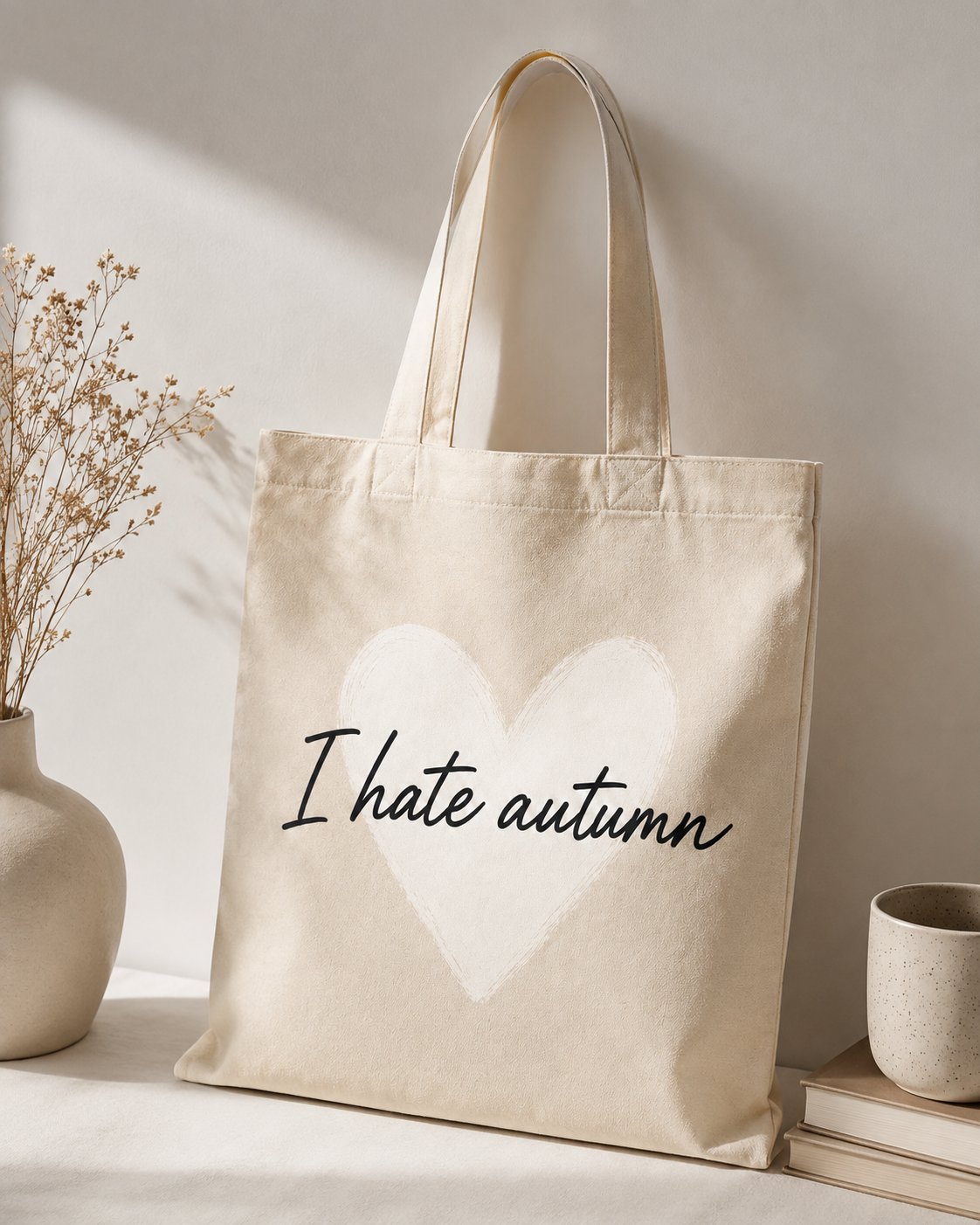 I Hate Autumn canvas tote styled with dried flowers and a vase - aesthetic fall tote Toronto
