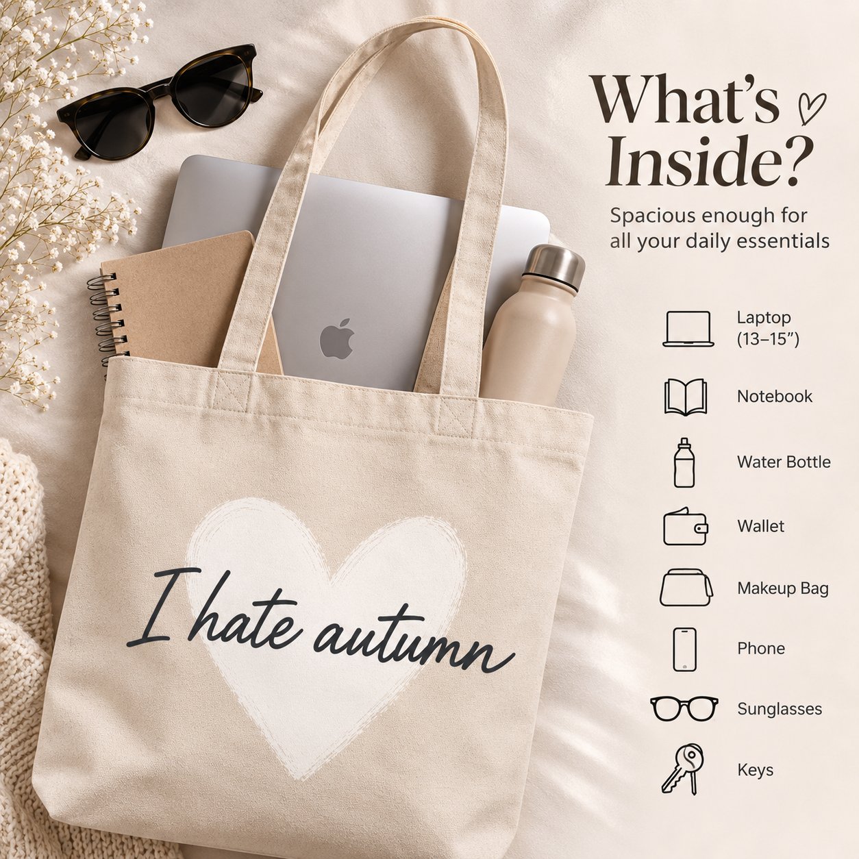 I Hate Autumn canvas tote what-fits-inside guide - holds a laptop, water bottle and essentials