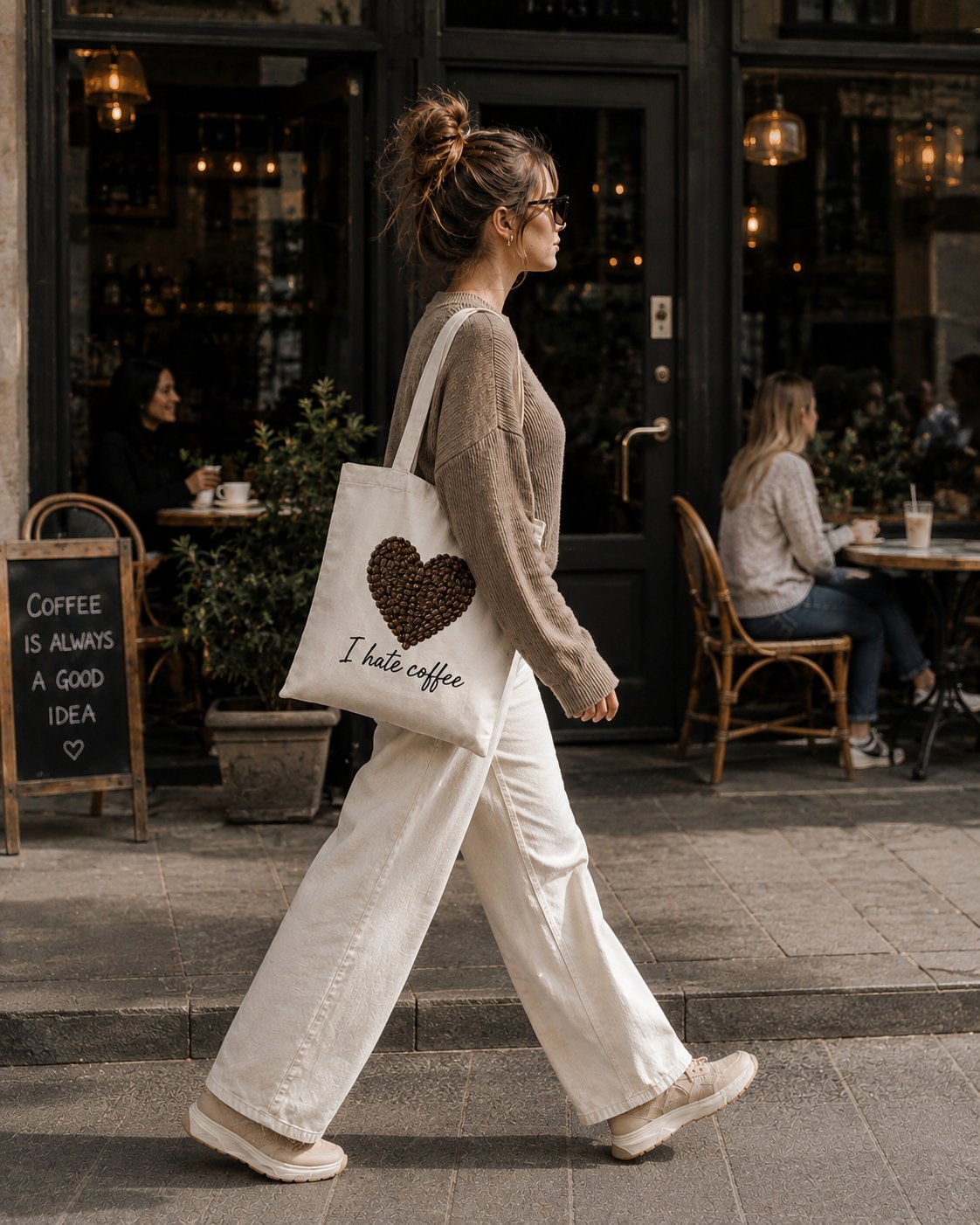Woman walking past a cafe with the I Hate Coffee tote - funny coffee lover tote GTA