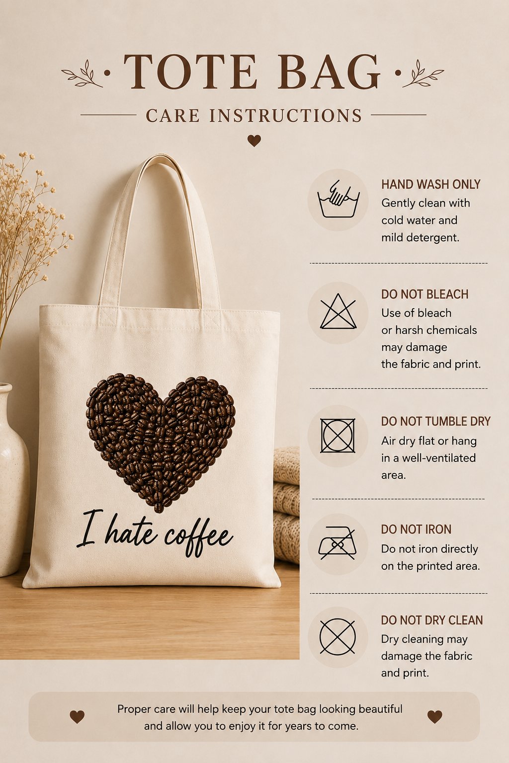 I Hate Coffee tote care instructions - hand wash cold, air dry, do not bleach