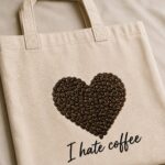 I Hate Coffee print close-up - heart made of roasted coffee beans on cotton canvas