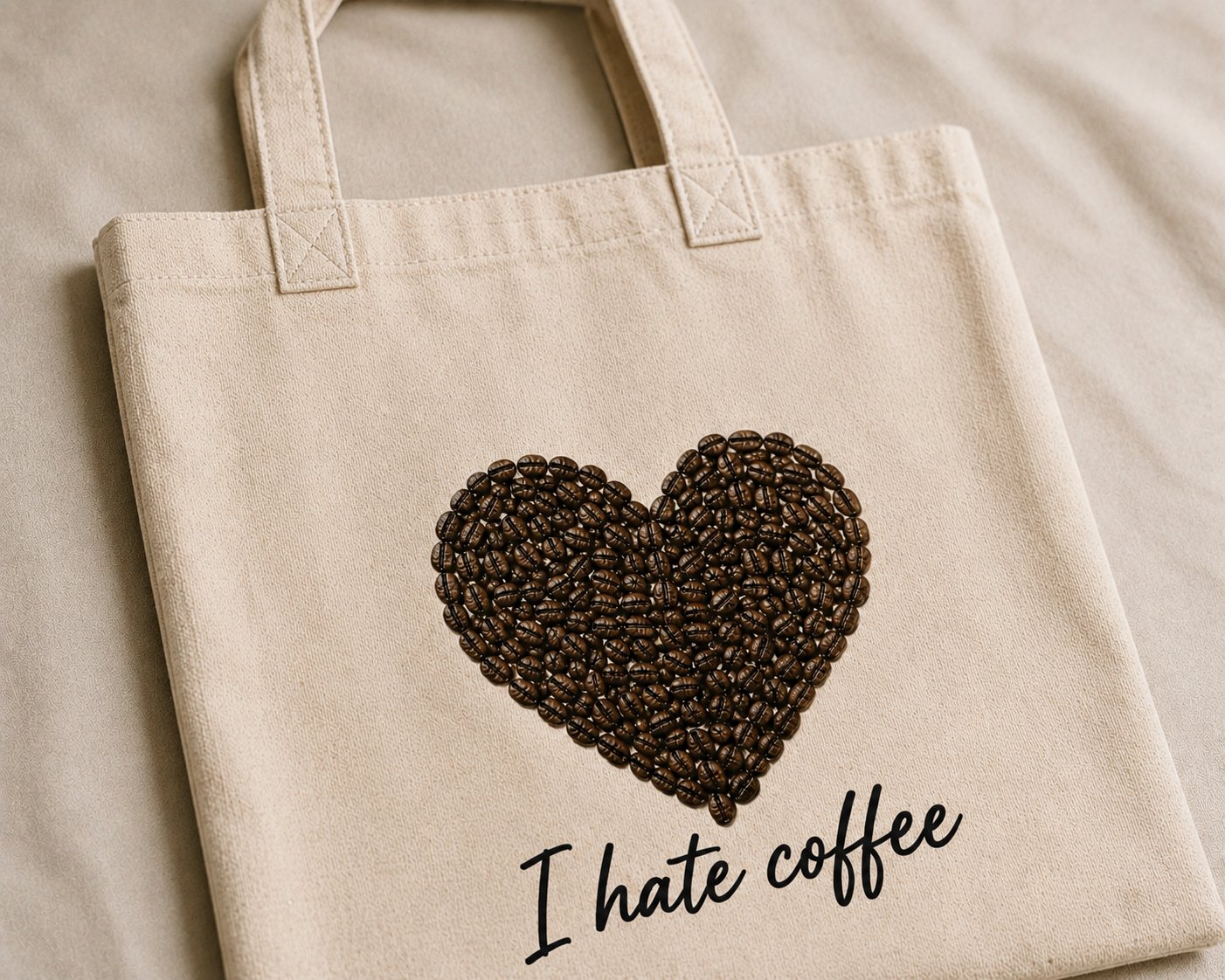 I Hate Coffee print close-up - heart made of roasted coffee beans on cotton canvas