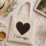 I Hate Coffee canvas tote flat lay with a straw hat, glasses and a latte - funny coffee tote