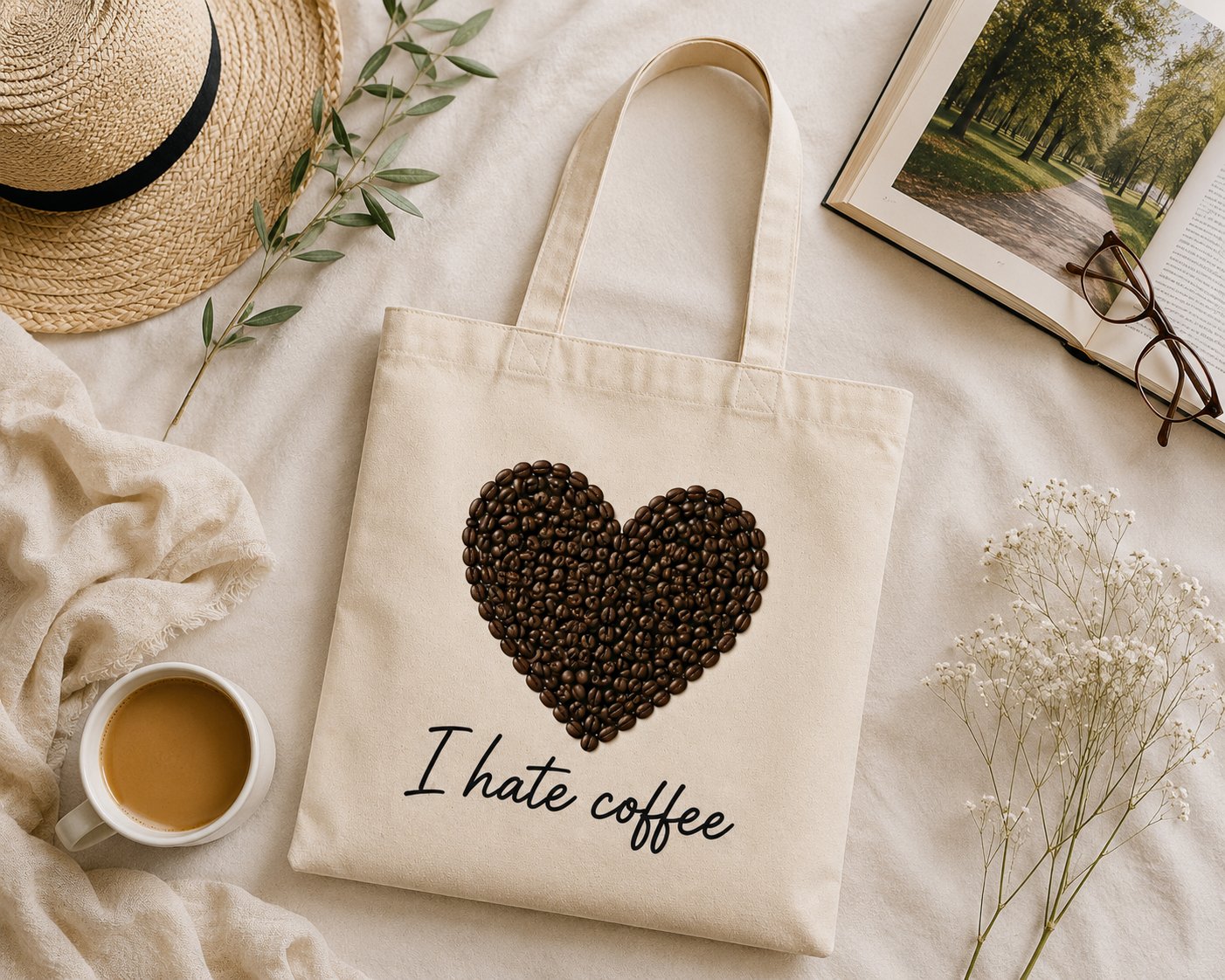 I Hate Coffee canvas tote flat lay with a straw hat, glasses and a latte - funny coffee tote