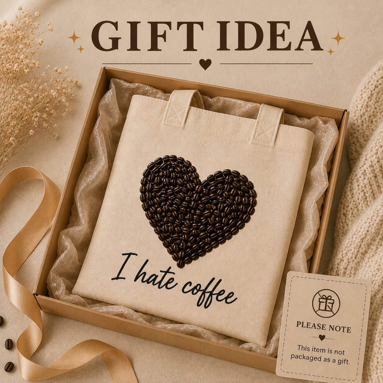 I Hate Coffee tote in a gift box with ribbon - funny coffee gift idea Toronto