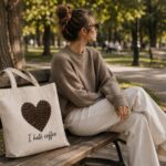 I Hate Coffee canvas tote on a park bench beside a woman in a sweater - coffee tote Toronto