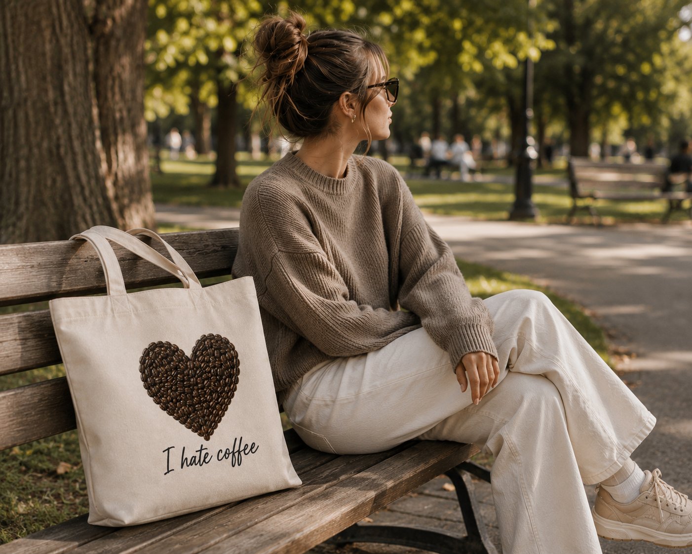 I Hate Coffee canvas tote on a park bench beside a woman in a sweater - coffee tote Toronto