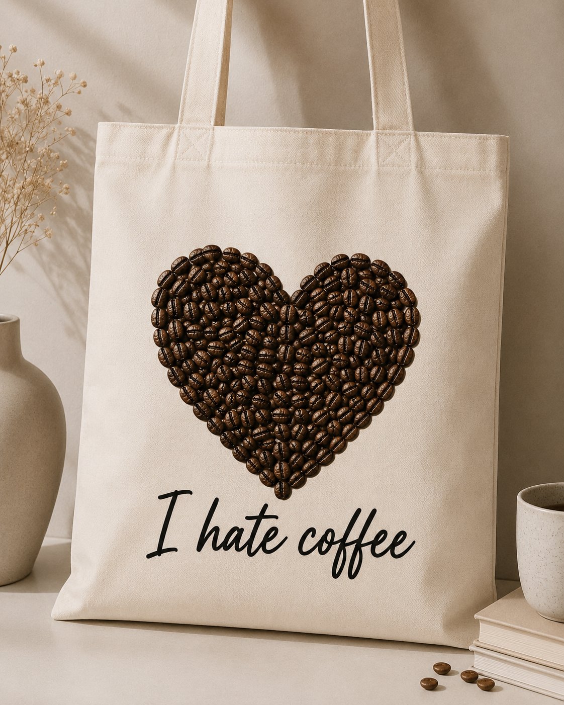 I Hate Coffee canvas tote styled with dried flowers and books - coffee lover tote Toronto