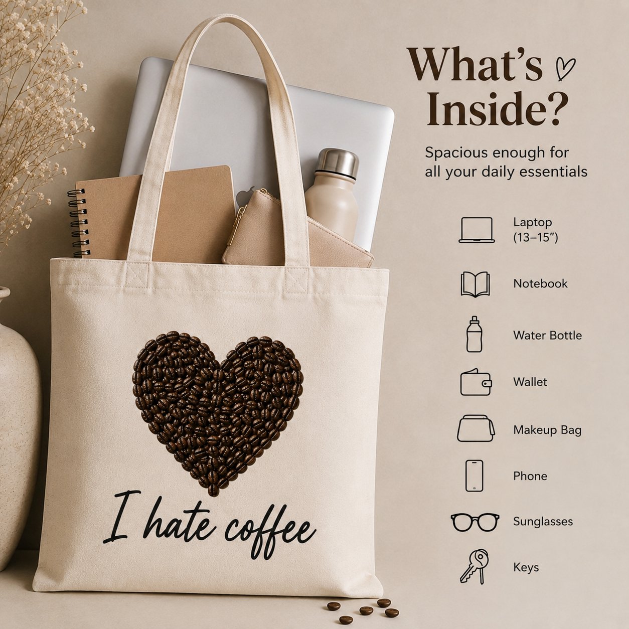 I Hate Coffee canvas tote what-fits-inside guide - holds a laptop, water bottle and essentials
