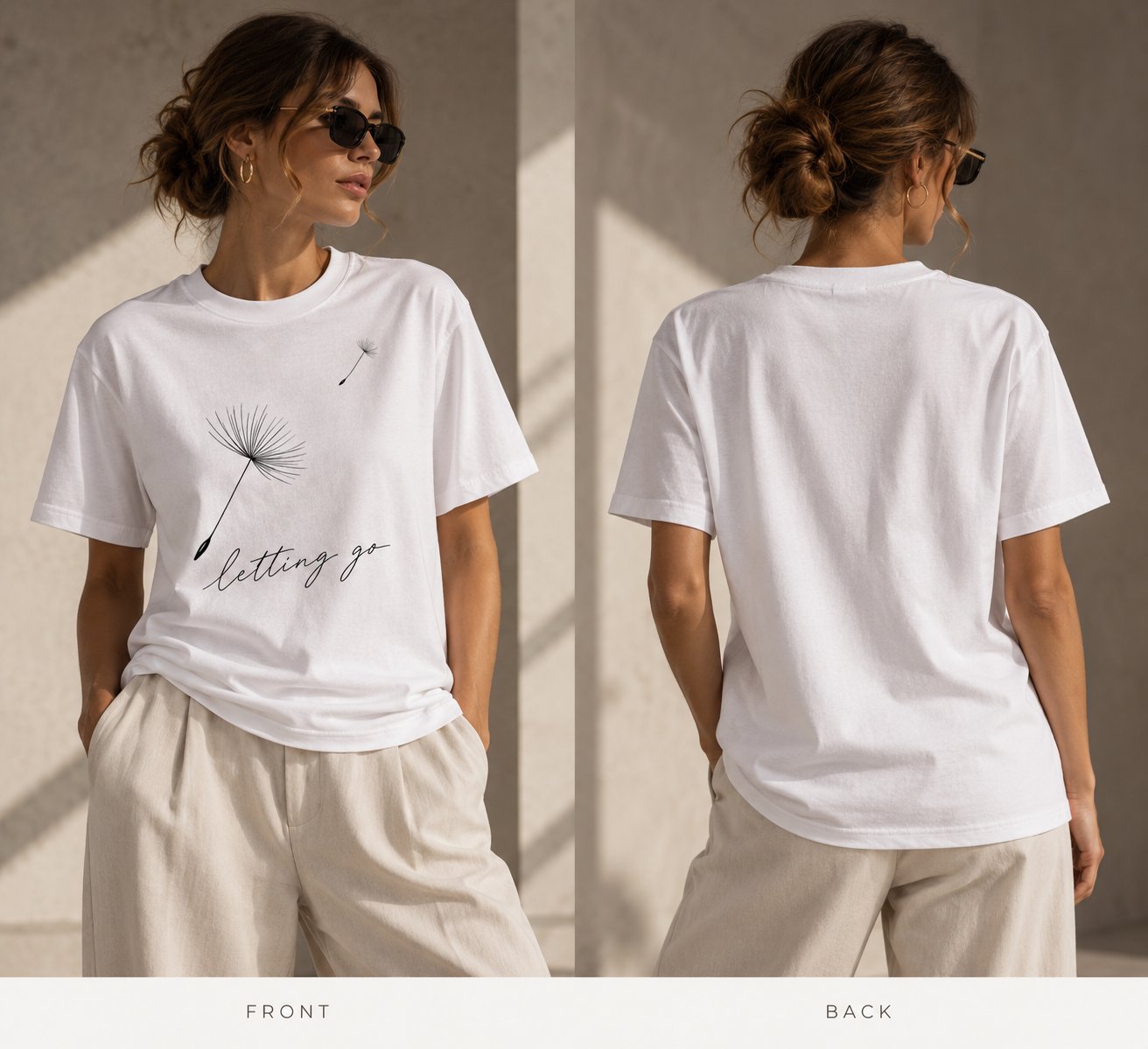 Letting Go dandelion t-shirt front and back view - white unisex cotton tee Canada