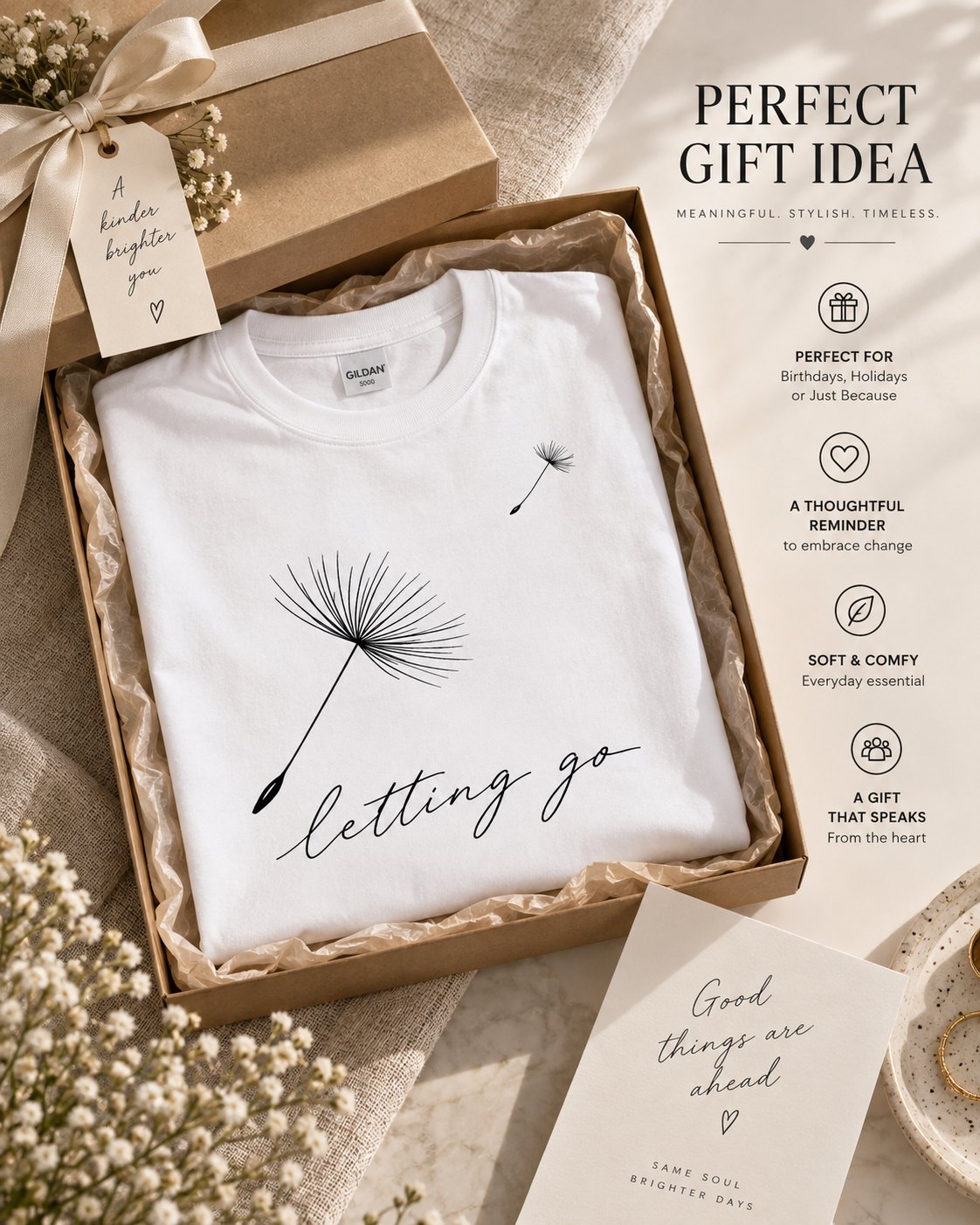 Letting Go dandelion t-shirt folded in a gift box - thoughtful gift idea Toronto