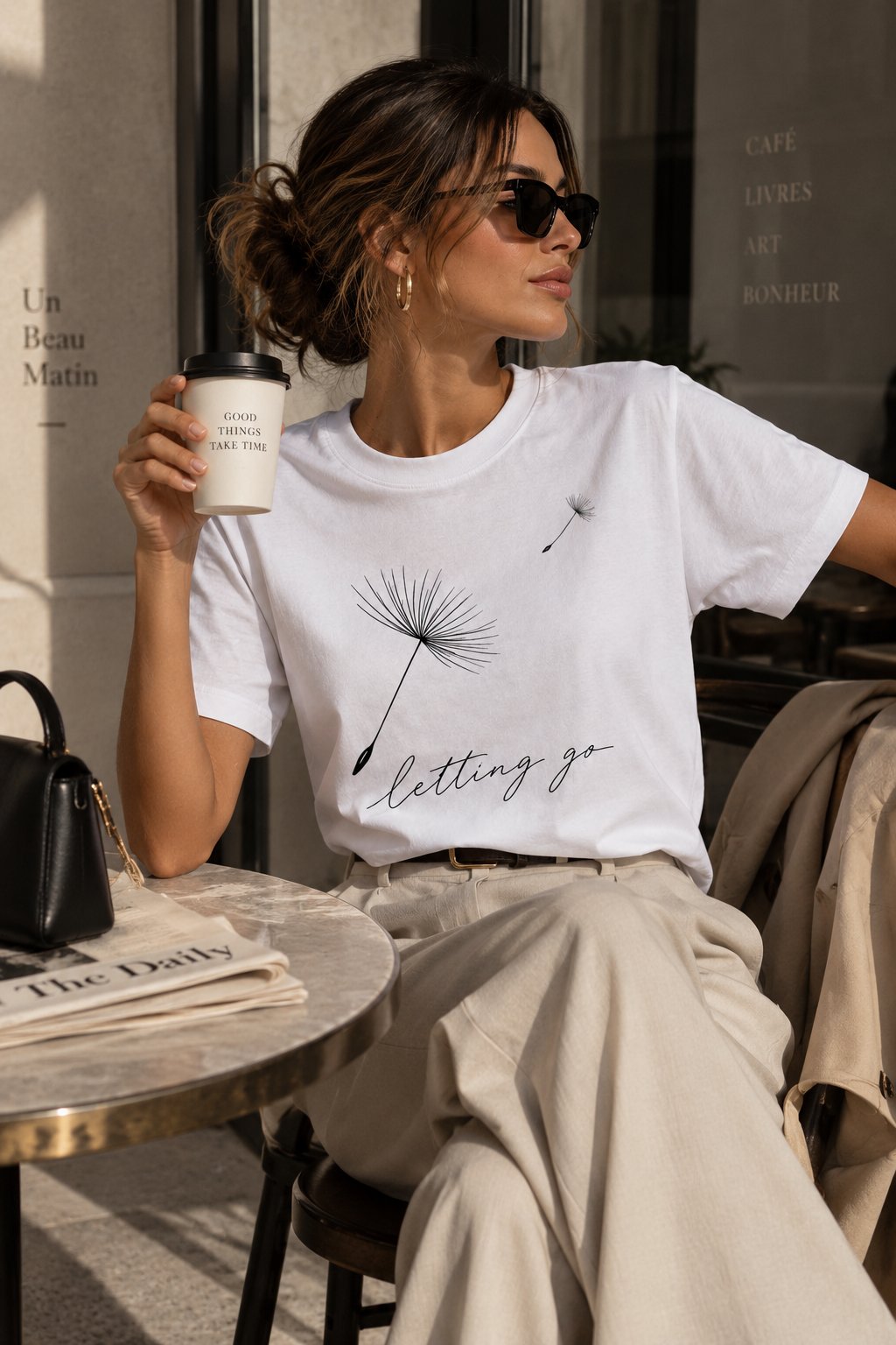 Woman at a cafe wearing the Letting Go dandelion t-shirt - aesthetic line art tee GTA