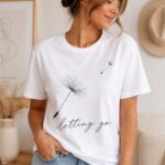 Letting Go dandelion t-shirt close portrait - fine line dandelion with a drifting seed