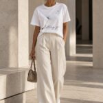 Woman walking in the Letting Go dandelion t-shirt - white cotton minimalist tee Toronto