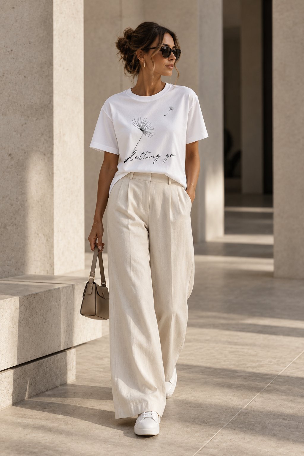 Woman walking in the Letting Go dandelion t-shirt - white cotton minimalist tee Toronto