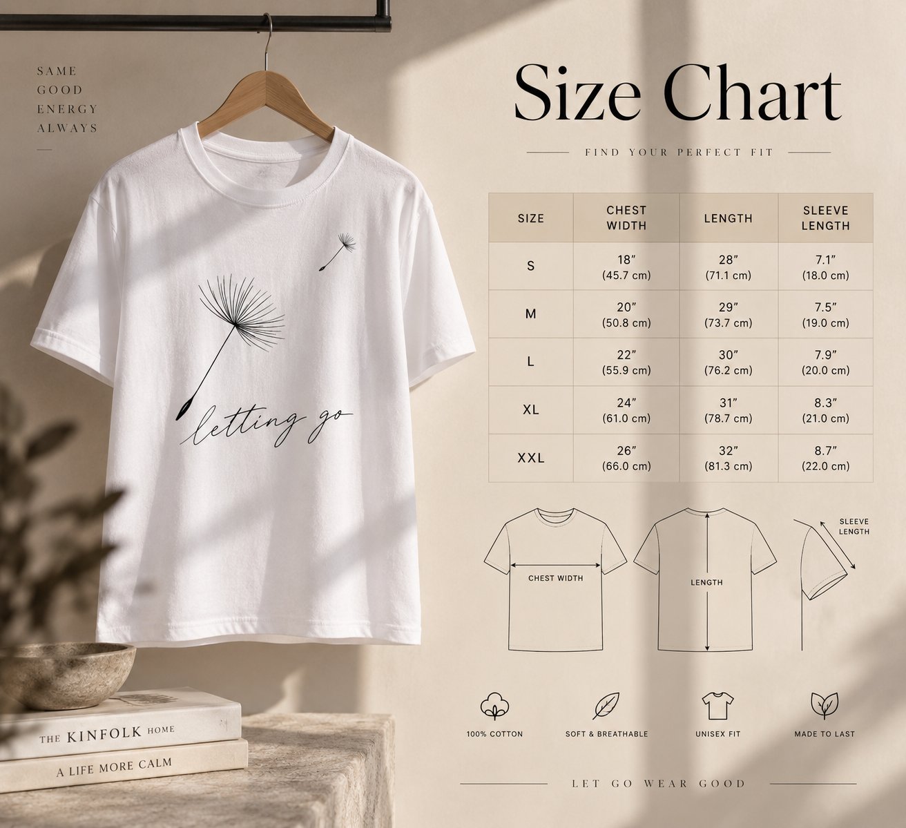 Letting Go dandelion t-shirt size guide - unisex cotton tee measurements in inches and centimetres