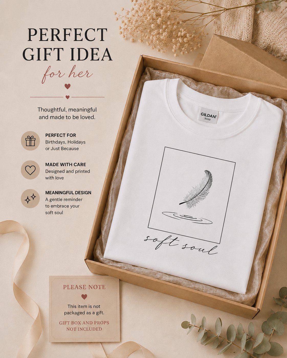 Soft Soul feather t-shirt folded in a gift box - minimalist gift idea Toronto