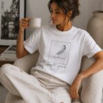 Soft Soul feather t-shirt worn with a mug in an armchair - calm aesthetic tee GTA