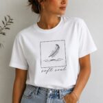 Soft Soul feather t-shirt close portrait - fine line feather and ripples on white cotton