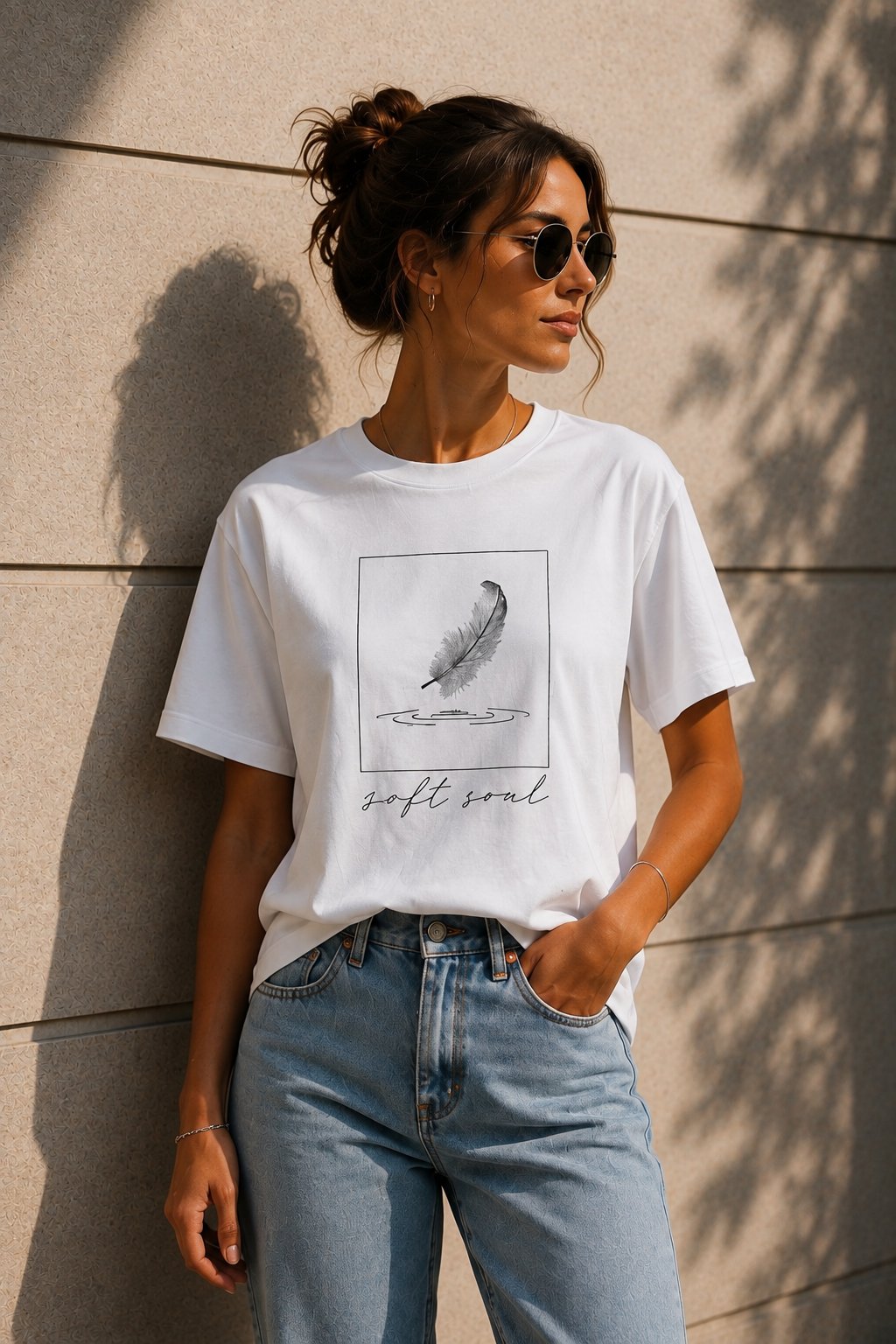 Woman wearing the Soft Soul feather t-shirt against a sunlit wall - minimalist line art tee - PrintMyVibe Toronto