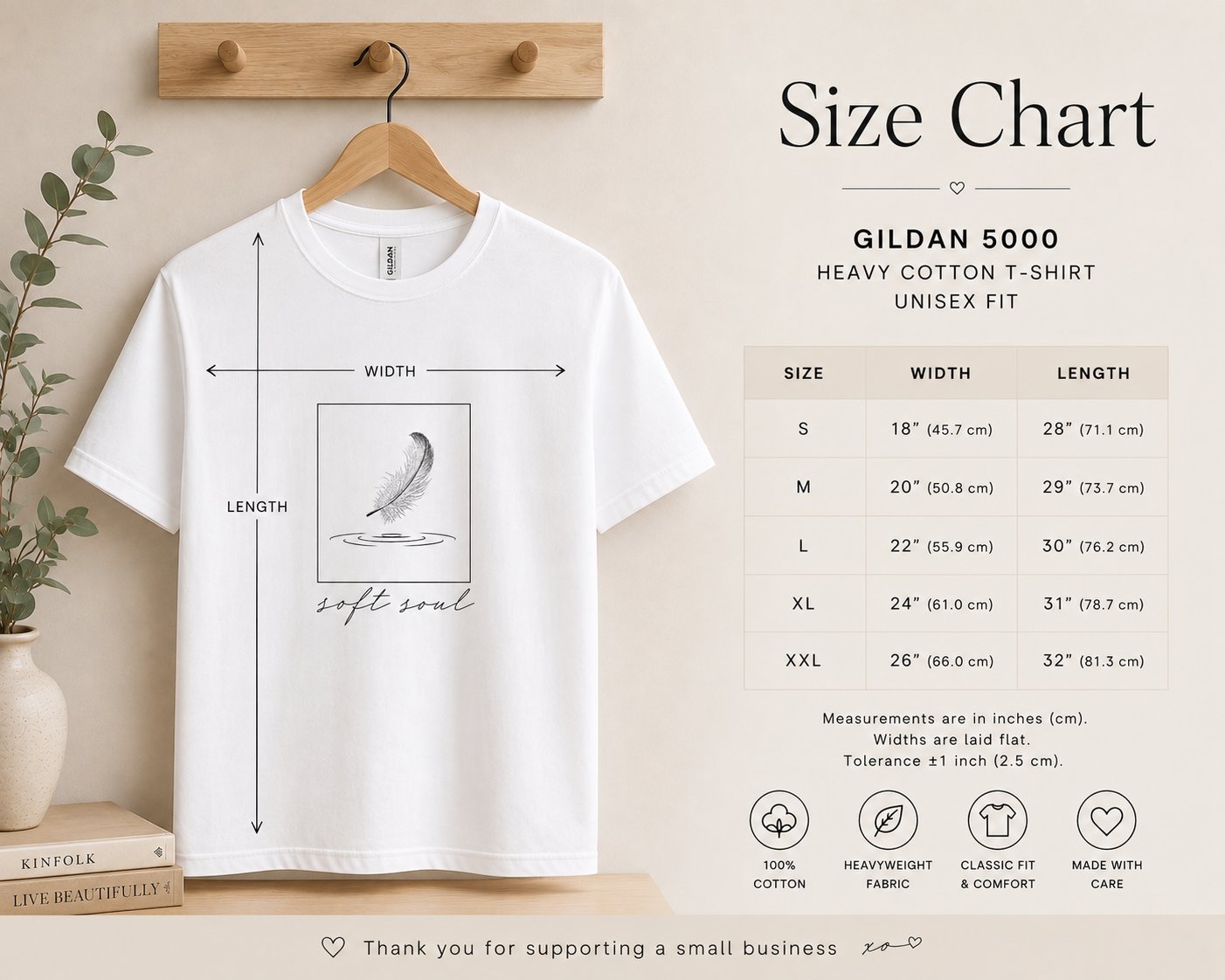 Soft Soul feather t-shirt size guide - unisex heavy cotton tee measurements in inches and centimetres