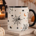 Spiderweb mug beside a candle and pumpkin - autumn Halloween mug Toronto
